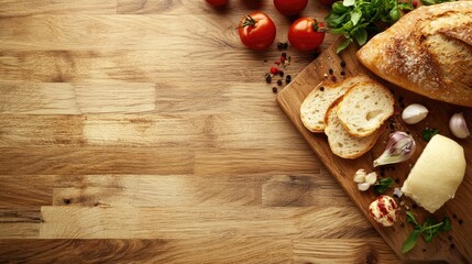 Light wood surface with scattered food items, providing a warm and inviting background with copy space.