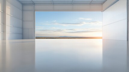 A large open space with a view of the mountains and a clear blue sky