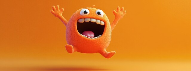 3D Cartoon of a Cute Character Jumping High with Arms Open and Mouth Wide on an Orange Background