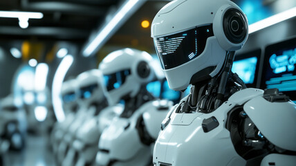 Fototapeta premium A futuristic service industry setting, with AI-powered robots assisting customers, holographic customer service interfaces,