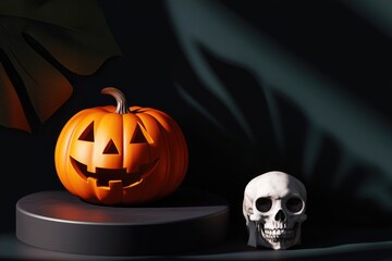 Creepy Halloween-themed podium for product showcase, featuring a pumpkin, skull, and eerie shadows on a dark background.