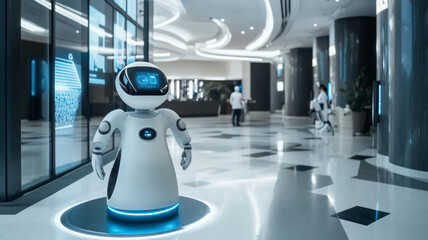 A futuristic service industry setting, with AI-powered robots assisting customers, holographic customer service interfaces,
