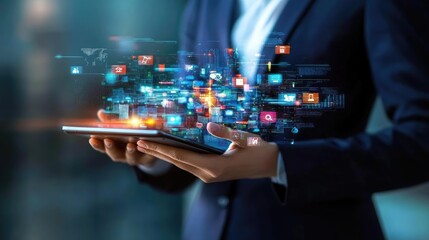 Professional in a suit, working on a tablet with an augmented reality overlay of business apps, symbolizing advanced technology and efficient business management.