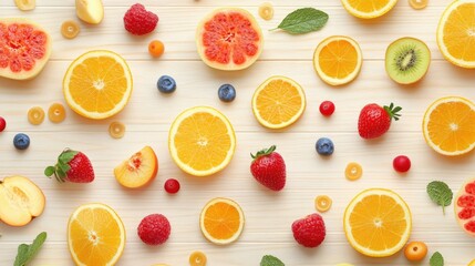 Repeating pattern of fresh fruits on a light wood background, ideal for text overlays or branding.