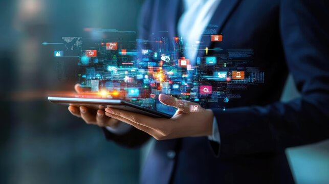 Professional in a suit, working on a tablet with an augmented reality overlay of business apps, symbolizing advanced technology and efficient business management.