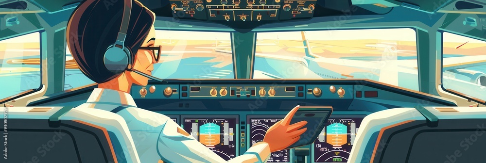 Poster The flight attendant is seated in the cockpit, checking instruments while preparing for takeoff, with a clear view of the runway ahead. Generative AI