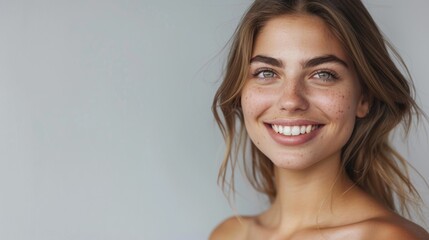 Fototapeta premium Beautiful woman with a friendly smile, half-body shot against a solid light grey background, with copy space on the right side
