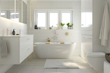 Minimalist white bathroom with cozy accents, clean lines, and soft lighting