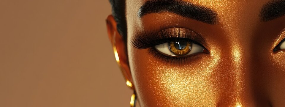 3D cartoon model showcasing shiny bronze face makeup in a close up pose