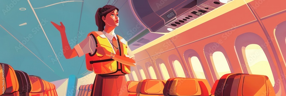 Poster A stewardess informs passengers about safety protocols while standing in the aisle of an airplane, emphasizing the importance of preparedness. Generative AI