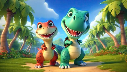 Naklejka premium Cartoon Dinosaur Friends in 3D Style in a Summer Landscape - Exciting Illustration of Dinosaurs in an Adventure Concept