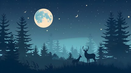 Vector flat illustration of night forest landscape