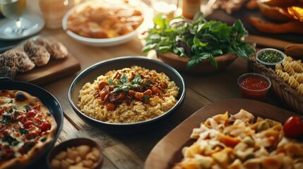 Stylish Italian food with copy space, showcasing a variety of traditional dishes like risotto, pasta, and pizza.