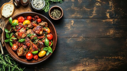 Traditional Italian dinner with a hearty meat dish and fresh vegetables, with ample copy space