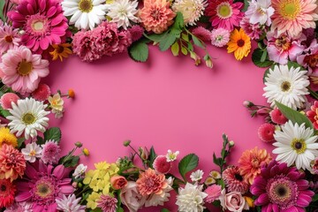 Fototapeta premium Elegant blooms arranged in a rectangular shape on a vibrant background, forming a captivating frame with negative space in the center.