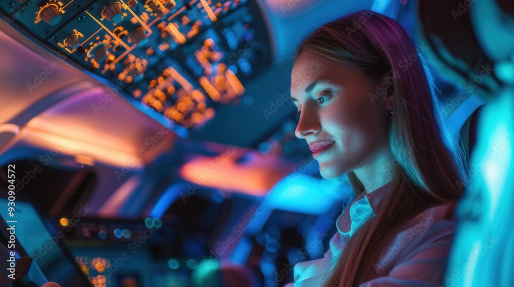 Poster a flight attendant reviews cabin procedures while the cockpit is illuminated by colorful control pan