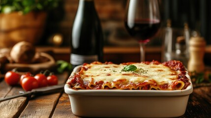 Traditional Italian lasagna served in a baking dish with a bottle of wine in the background, copy space included