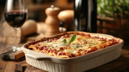 Traditional Italian lasagna served in a baking dish with a bottle of wine in the background, copy space included