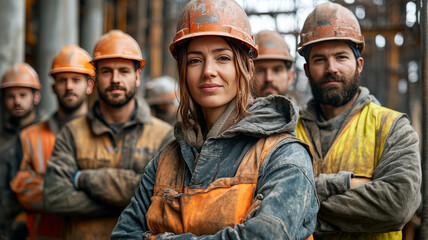 Fototapeta premium A powerful portrait of a group of construction workers, including women, all standing together proudly on a construction site,
