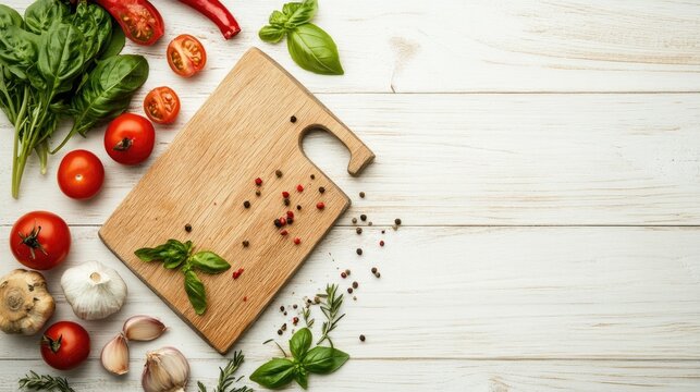 Wooden cutting board on a light wood surface, surrounded by fresh ingredients with space for text.