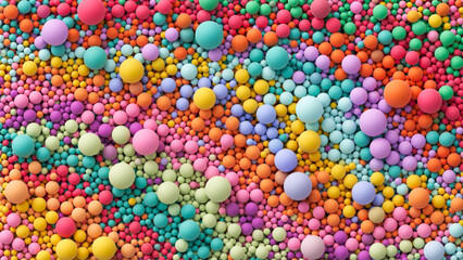Huge pile of colorful matte soft balls in different sizes. Background with many colorful big and small random spheres. Flat lay with lots of different colored orbs. Vector background