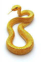 Fototapeta premium Golden Snake Isolated on White Background, Luxurious Metallic Texture, Elegant Reptile Design, Shimmering Scales, High-Contrast Visuals, Exotic Animal Illustration