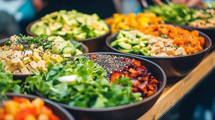 Festival vegano con platos a base de plantas, verduras y ensaladas frescas