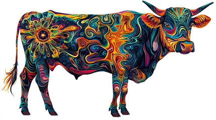 Vibrant and Surreal Image of a Cow with Radiant Psychedelic Pattern, Featuring Swirls, Isolated on White Background, Colorful Abstract Design, Artistic Animal Portrait, Dynamic Visuals