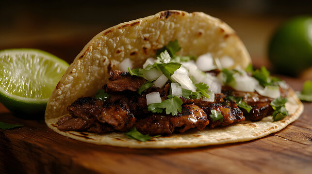 Taco de carne asada con cilantro, cebolla y lim&oacute;n