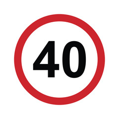 Speed limit 40 round road traffic icon sign flat style design vector illustration isolated on white background. Circle standard road sign with number 40kmh.