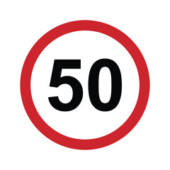 Speed limit 50 round road traffic icon sign flat style design vector illustration isolated on white background. Circle standard road sign with number 50kmh.