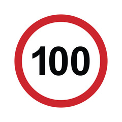 Speed limit 100 round road traffic icon sign flat style design vector illustration isolated on white background. Circle standard road sign with number 100kmh.