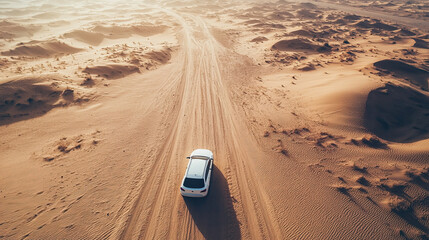 Aerial View of Road Through Desert with Brown Hills and Isolated Car, Scenic Landscape, Remote Highway, Arid Terrain, Solitary Travel, Expansive Wilderness, Minimalist Composition