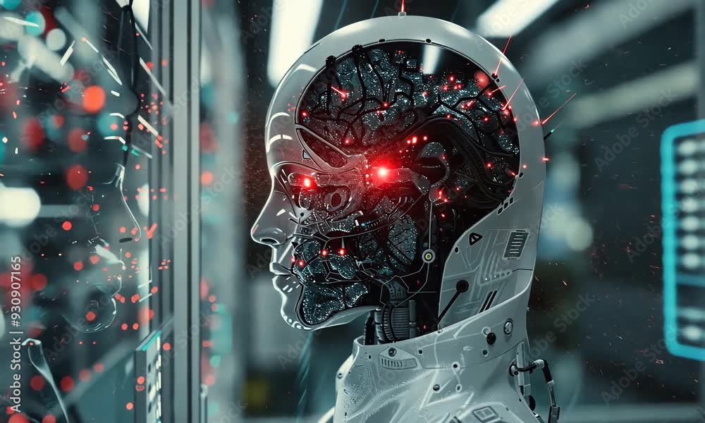 Poster exploring advanced robotics and artificial intelligence in a high-tech lab setting. generative ai
