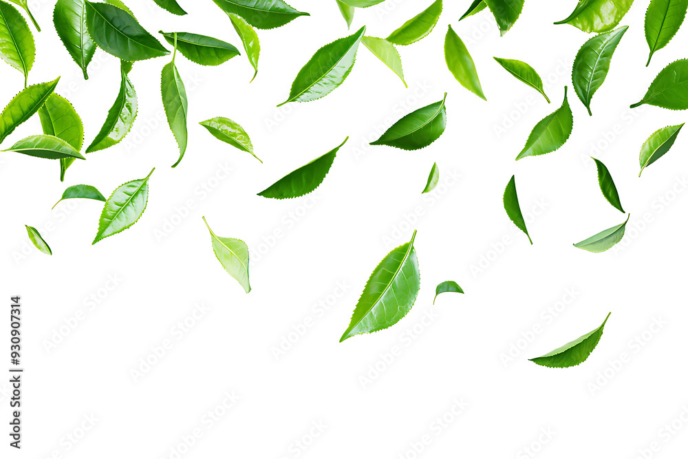 Wall mural a vibrant arrangement of fresh green tea leaves scattered across a clean white background. the float