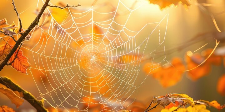 Autumn light illuminates spider web highlighting themes of interconnectedness fragility and perseverance