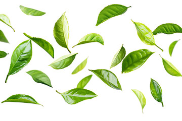 A vibrant arrangement of fresh green tea leaves scattered across a clean white background. The floating leaves create a dynamic, natural pattern with ample copy space