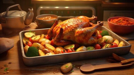 Fototapeta premium Roasted Chicken with Potatoes and Tomatoes - A Delicious Dinner