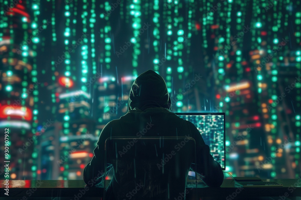Poster A hacker wearing a hoodie works intently on a computer as green code cascades down a large screen in a dark, urban environment. Generative AI