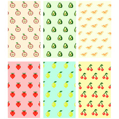 fruit seamless pattern, apple, avocado, orange, strawberry, lemon, cherry, pixel art	
