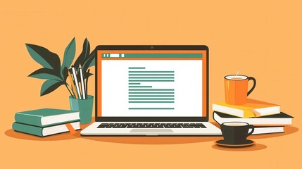 Laptop  Books  Coffee  and Plant on Orange Background