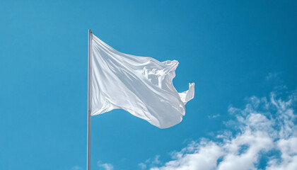 Empty white flag waving on clean blue sky, symbolizing surrender or peaceful atmosphere.
