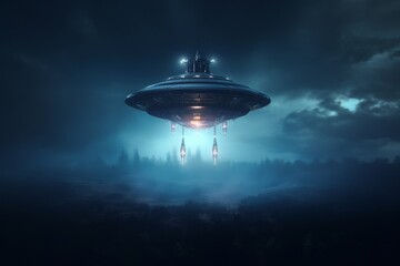 UFO Hovering Over a Foggy Forest at Night