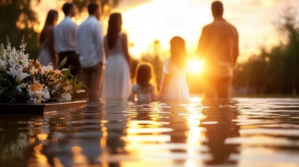 Conceptualize a Protestant baptism ceremony by immersion, with family and friends gathered around the baptismal pool