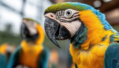 Obraz premium Depict a group of colorful macaw parrots interacting and socializing within a spacious, well-equipped aviary