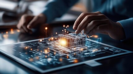 Depict an architect using a digital twin to simulate the environmental impact of a new building design before construction