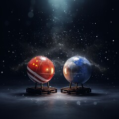 Fototapeta premium Two conceptual globes representing global superpowers stand on wooden pallets under a spotlight in a dark, starry space.