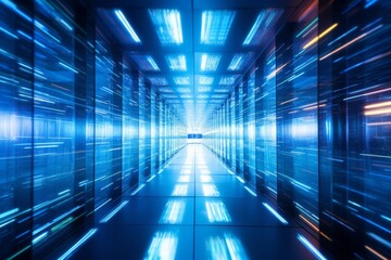 Futuristic Data Center: Server Room with Glowing Lights
