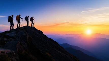 Fototapeta premium Silhouette of Hikers on Mountain Peak at Sunset