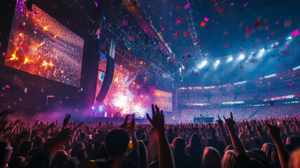 a live music event in a large stadium, with a massive stage illuminated by dynamic lights,